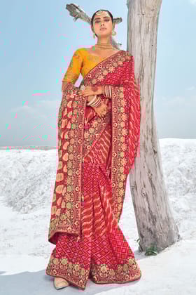 Red Pure Georgette Patola Bandhani Fusion Saree