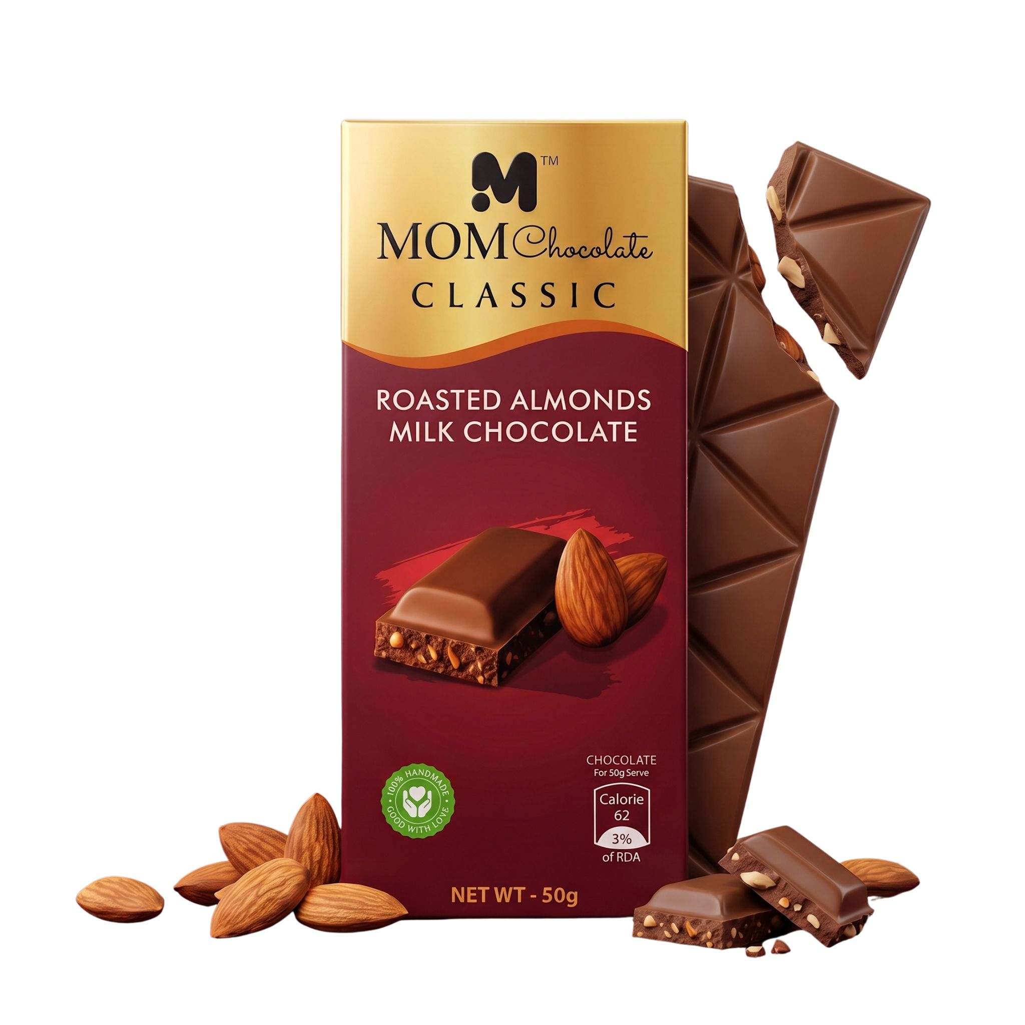 MOM Chocolate || Classic Roasted Almond Milk Chocolate Bars | Creamy Handmade Milk Chocolate | Pure Handmade Chocolates || Pack of 5 x 50g | 100% Veg
