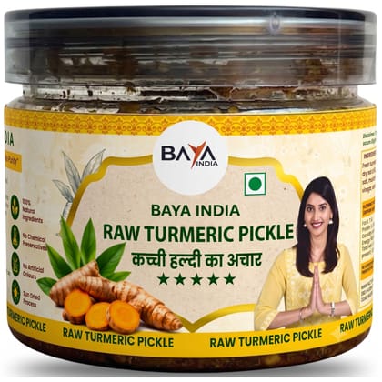 Baya India Kacchi Haldi Ka Achar | Turmeric Pickle | Homemade Pickle in Mustard Oil | Sun-Dried | No Added Colours or Flavours | 250g Baya India Kacchi Haldi Ka Achar | Turmeric Pickle | Homemade Pickle in Mustard Oil | Sun-Dried | No Added Colours or Flavours | 250g