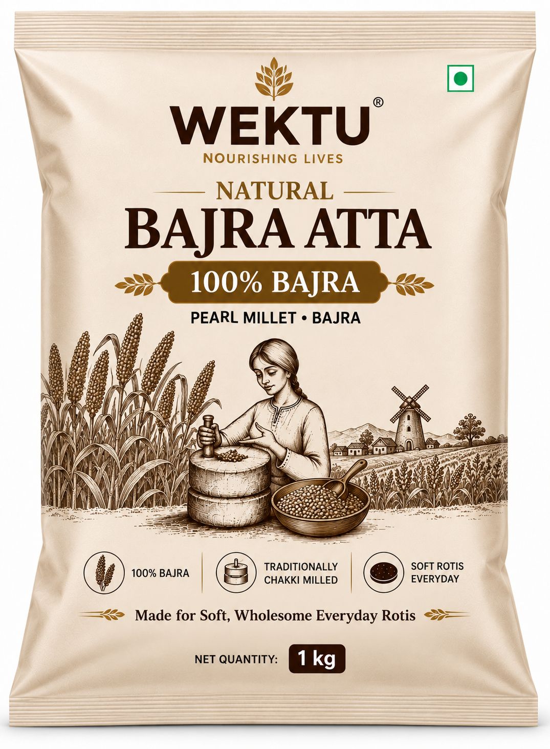 WEKTU Natural Bajra Atta 1 kg | 100% Bajra | Pearl Millet Flour | Traditionally Chakki Milled