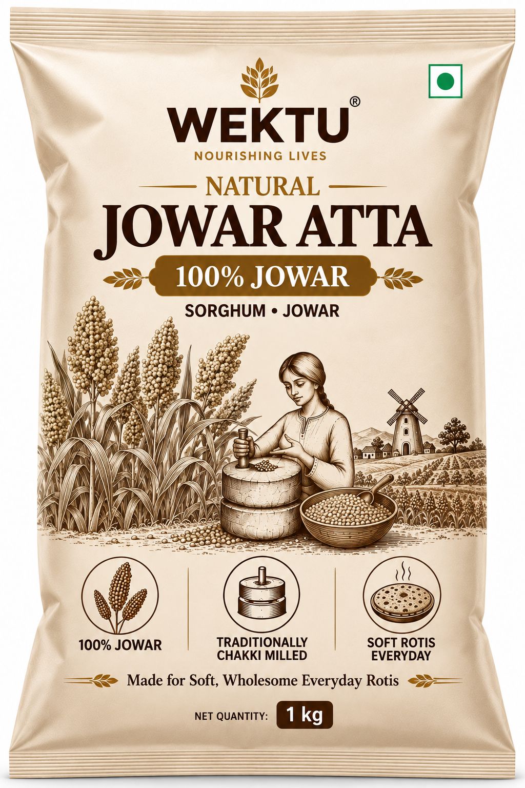 WEKTU Natural Jowar Atta 1 kg | 100% Jowar | Sorghum Flour | Traditionally Chakki Milled