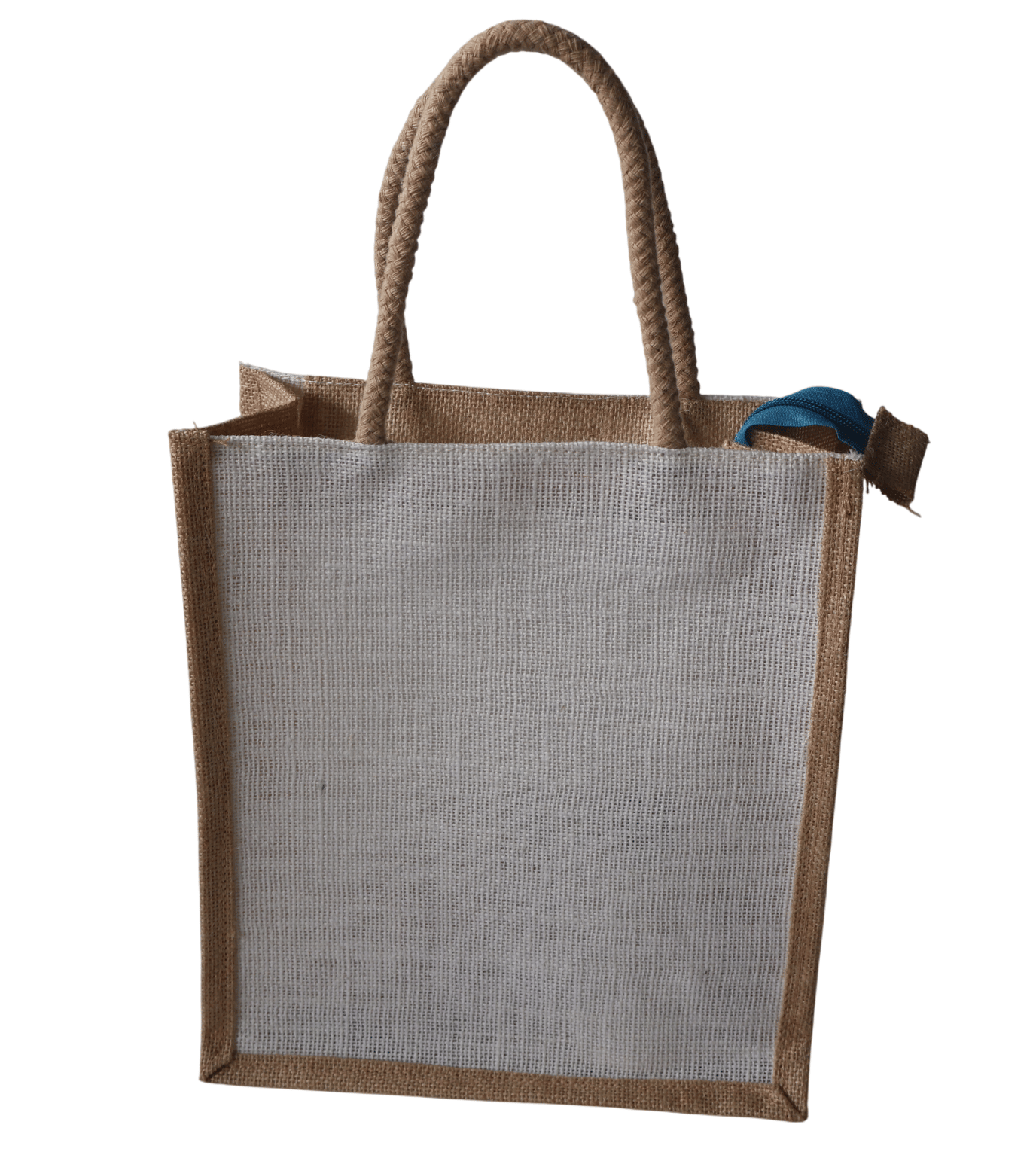 Small Jute Tote Bag with White Panel and Blue Zipper Detail