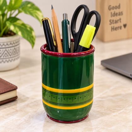 Etikoppaka Wooden Pen or Pencil Holder Green and Yellow