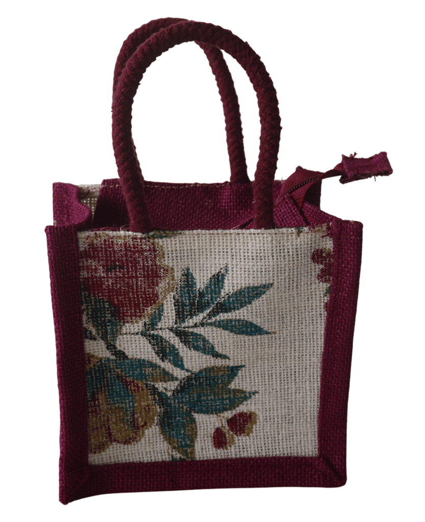Small Floral Printed Purple Jute Gift Bag with Zipper - Handbags | Buy online on ZillyBuy