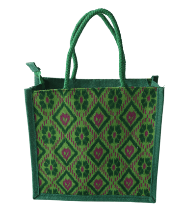 Green Jute Tote Bag with Geometric Pattern