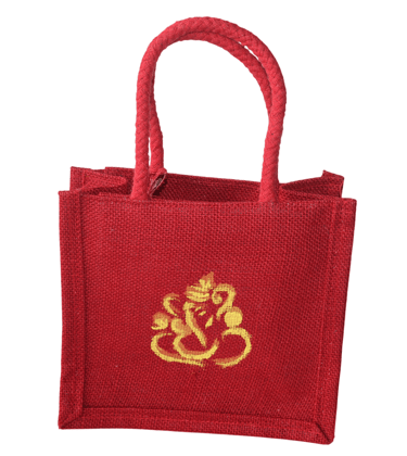 Small Jute Bag with Ganesha Print - Red