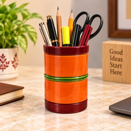 Etikoppaka Wooden Handmade Pen Holder Orange, Green