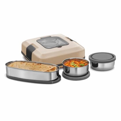 MILTON Flatron Portable Electric Lunch Box I Stainless Steel Leak Proof Containers I Auto Shut Off I Cool Touch Shock Proof Body I Slim Design I Perfect for Office, Hostel, Travel I Grey Ivory