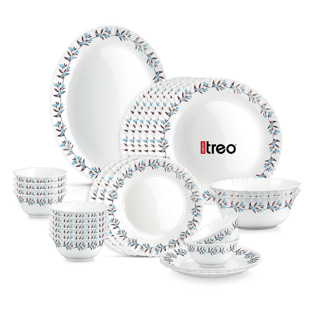 Treo by Milton Opalware Aurelia Lavelle Dinner Set of 27 | Serving for 6 | Microwave & Dishwasher Safe | Bone-Ash Free | Tempered Toughness | Plates & Bowls | Crockery Set for Dining & Gifting