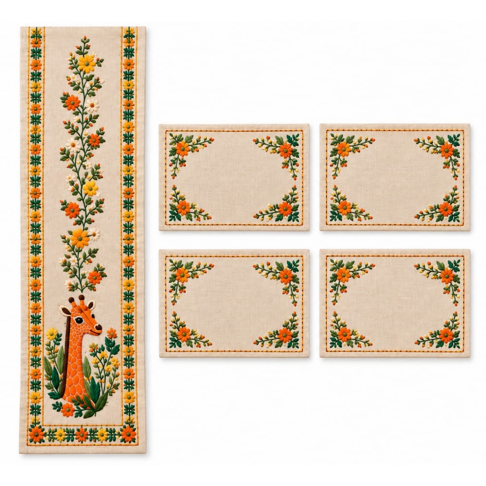 Kargil Nature’s Imprint – Handcrafted Embroidered Table Runner & Placemat Set with Floral and Giraffe Design