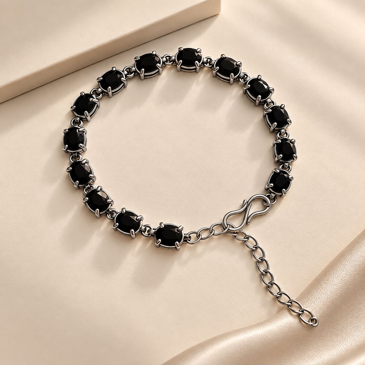 Black Beaded Silver Chain Bracelet for Women
