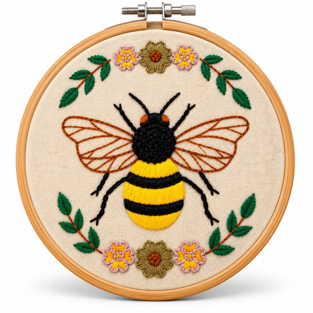 Handmade Embroidered Bee Hoop Wall Decor | Floral Thread Art | Beautiful Home & Room Decoration