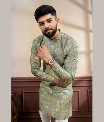 koshin Cotton Blend Printed Regular Fit Kurta Pyjama Set For Men ( Light Green )