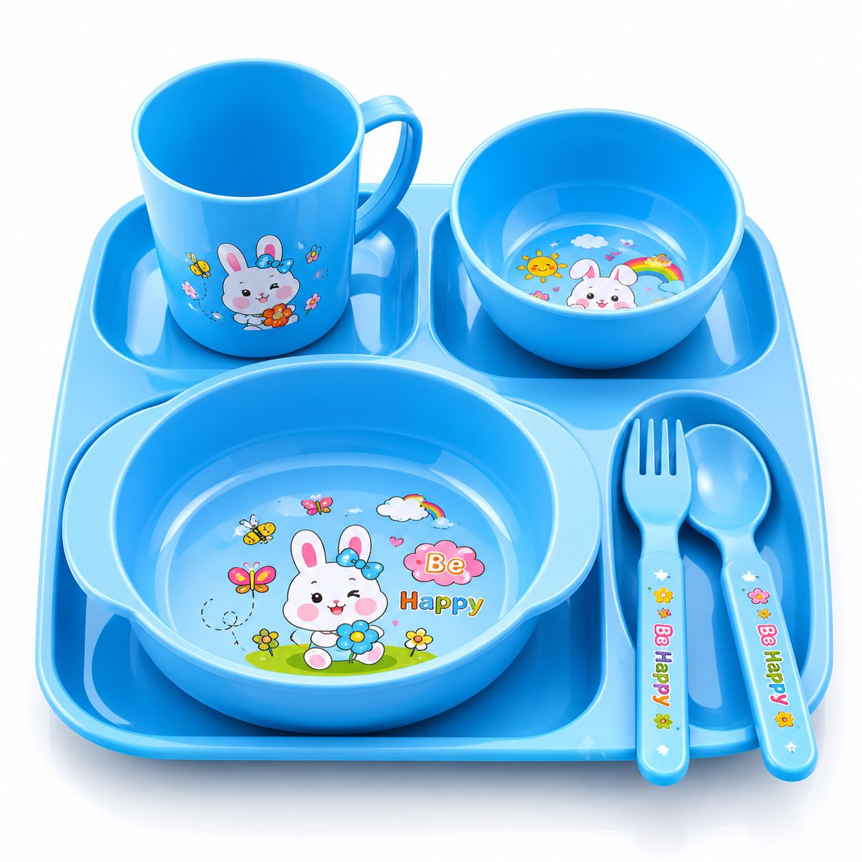  Kids 5-Piece Blue Bunny Cartoon Feeding Dinner Set