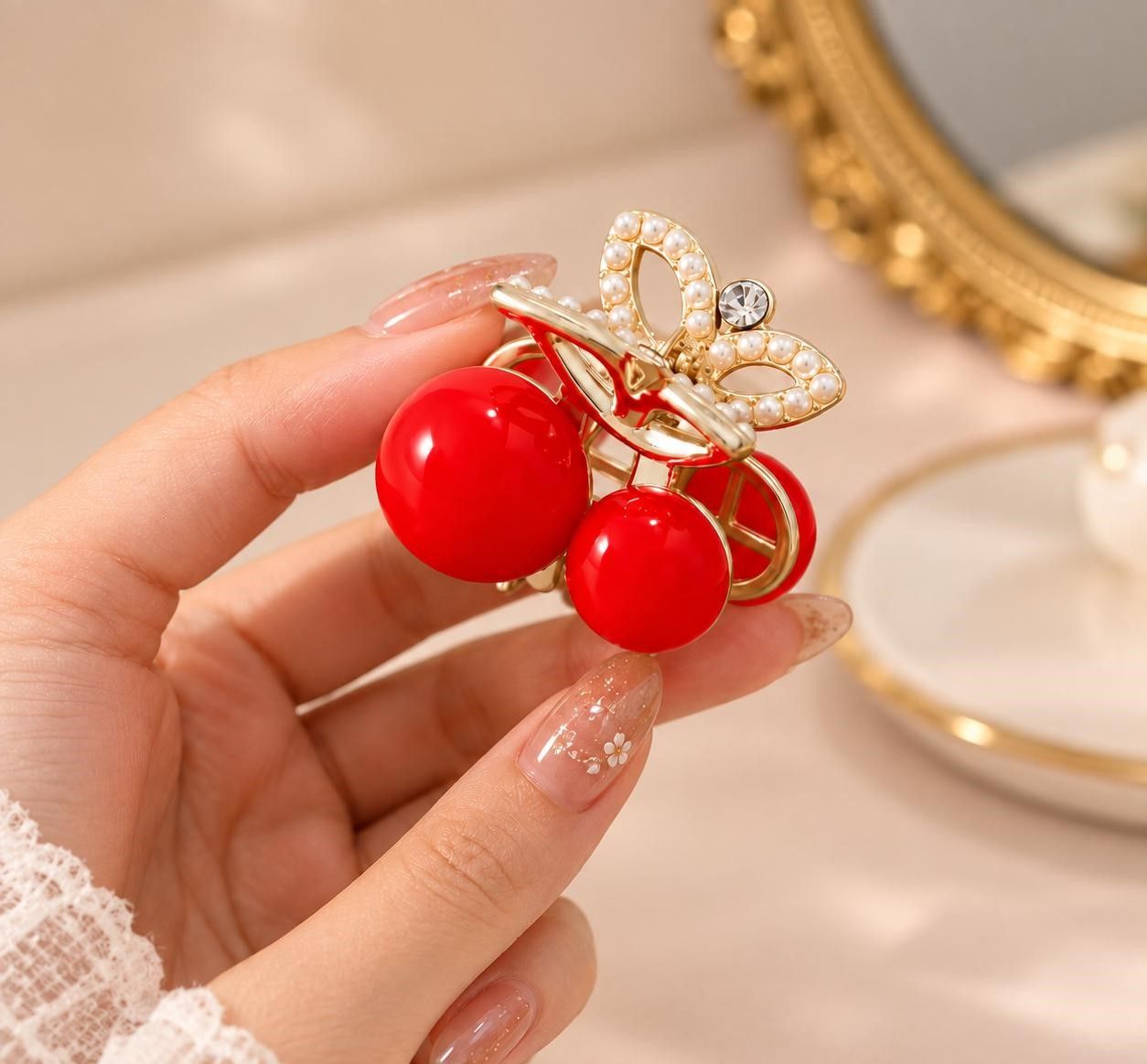 Women’s Red Cherry Pearl Butterfly Hair Claw Clip