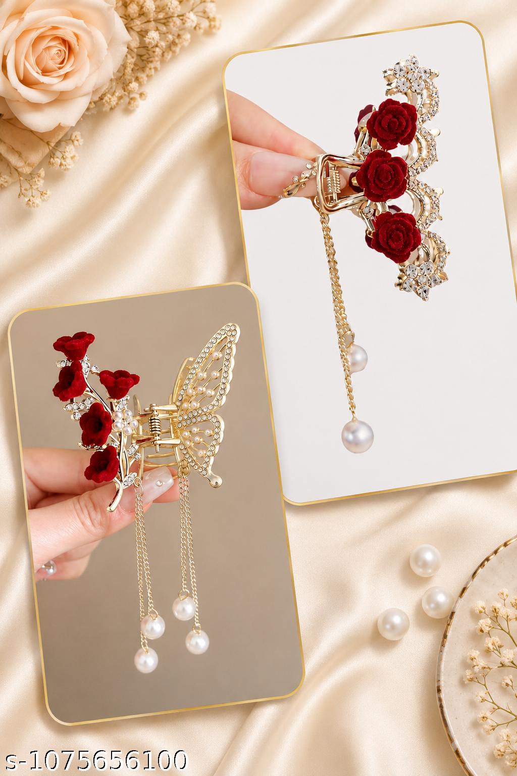 Red Rose Design Flower Metal Hair Claw Clip For Women