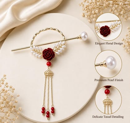Women’s Red Rose Pearl Juda Stick with Hanging Beads Women’s Red Rose Pearl Juda Stick with Hanging Beads