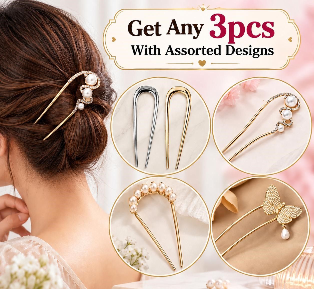 Pack Of 3 Women’s Pearl & Crystal Hair Pins