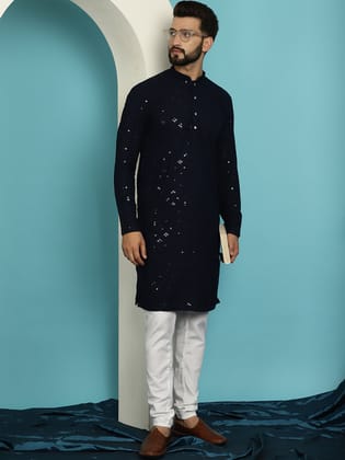 Men's Sequence Navy Blue Cotton Kurta and White Pyjama-36