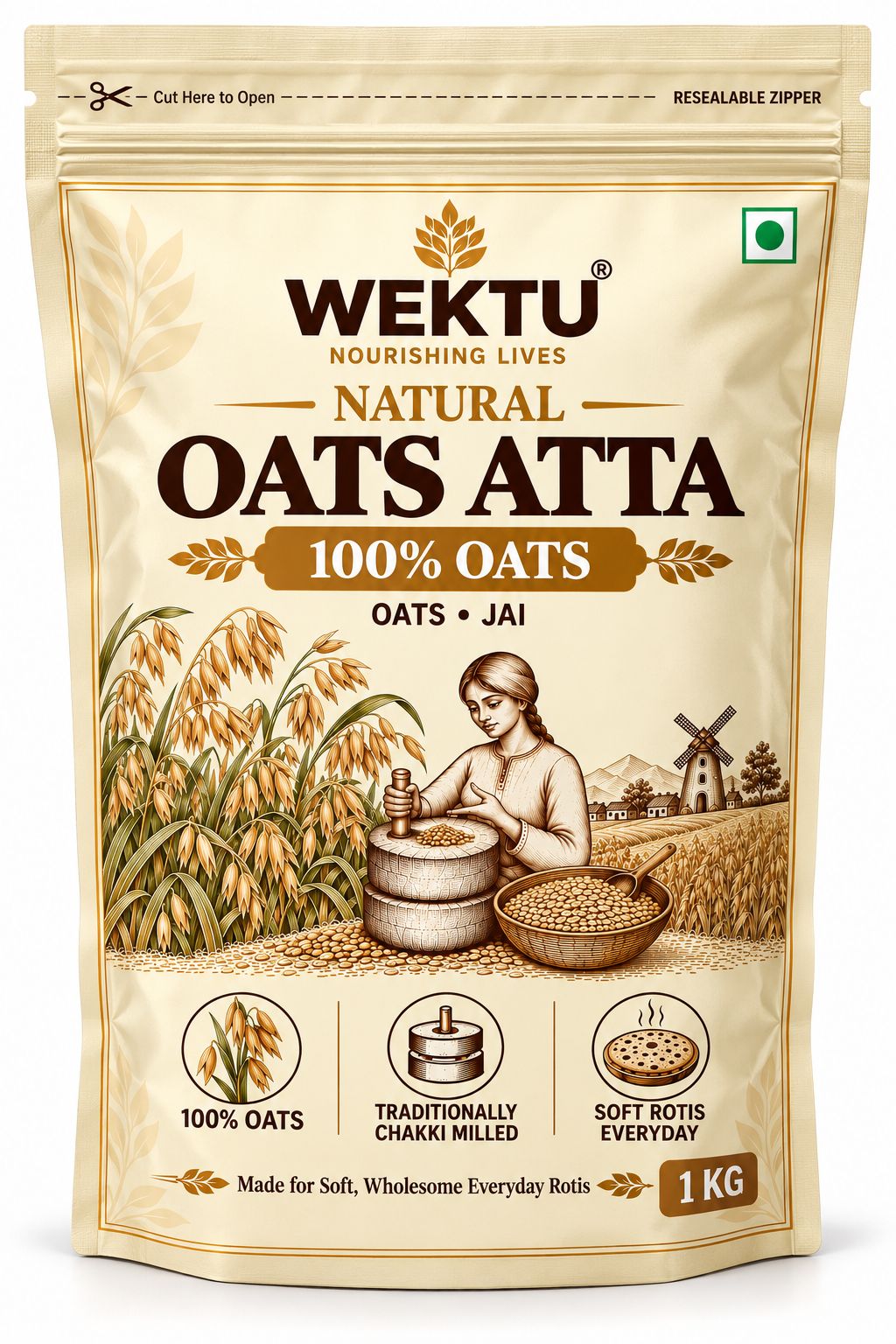 WEKTU Natural Oats Atta 1 kg | 100% Oats | Oats Flour | Resealable Zipper Pack