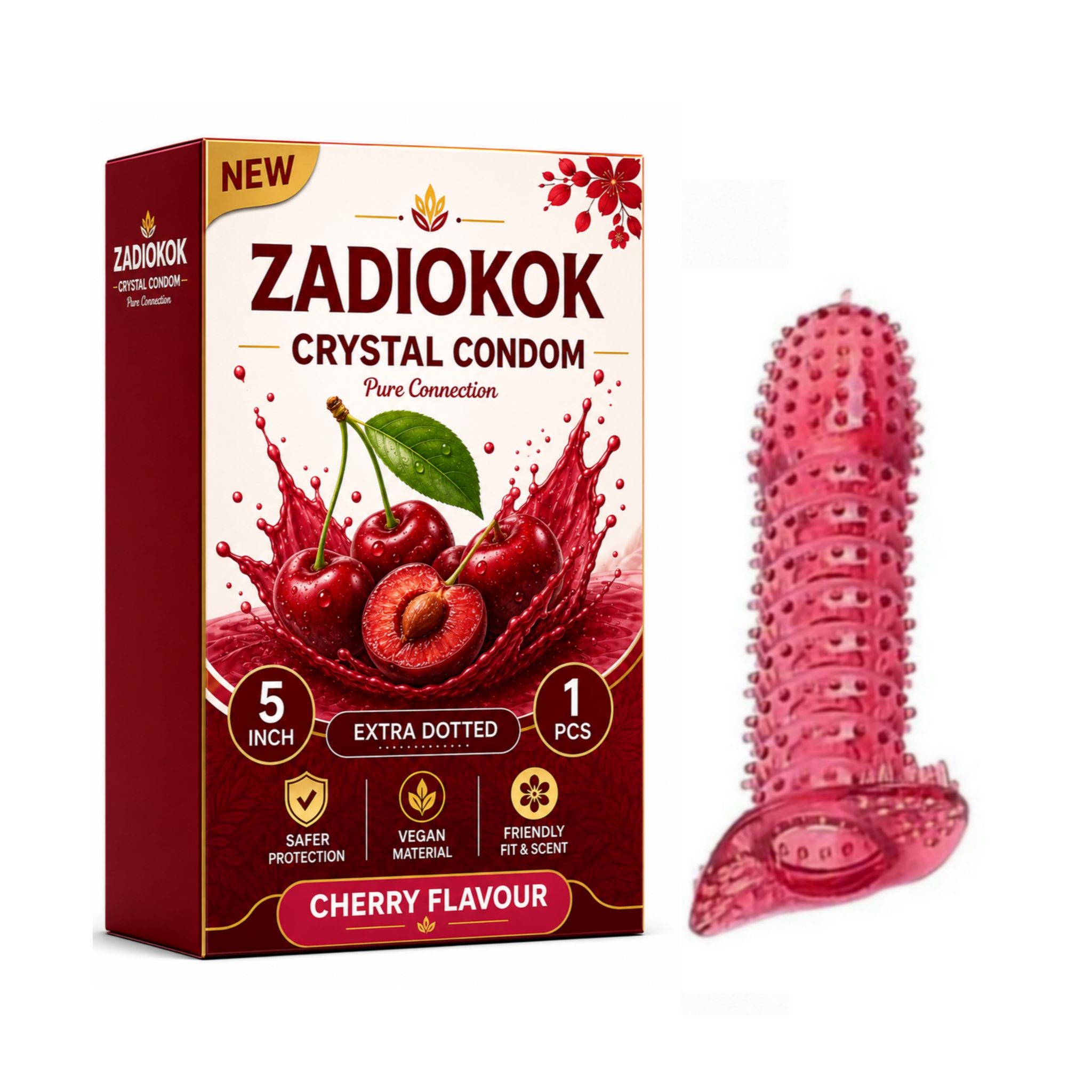 Zadiokok 5 Inch Crystal Dotted Condom Extra Dotted Cherry Flavour, Reusable & Comfortable Fit (1 Pcs Set)