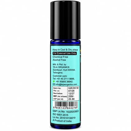 Teja Organics Head Ache Relief Roll-On | Instant Stress & Headache Relief | Natural Essential Oils | Portable Aromatherapy | 10 ml | Compact and Travel Friendly