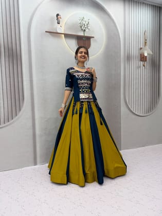 Navy Blue and Mustard Rayon Navratri Lehenga Choli with Traditional Gamthi & Gota Patti Work