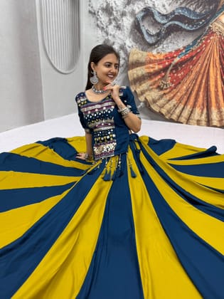 Navy Blue and Mustard Rayon Navratri Lehenga Choli with Traditional Gamthi & Gota Patti Work