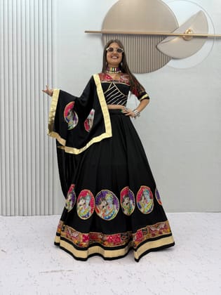 Black Pure Cotton Radha Krishna Print Navratri Chaniya Choli Set – 6 Meter Big Flair Lehenga Choli with Dupatta for Garba & Dandiya Raas