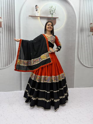 Women's Traditional Pure Cotton Navratri Lehenga Choli Set | Black and Rust Orange Garba Dress with Gamthi Embroidery and Mirror Work
