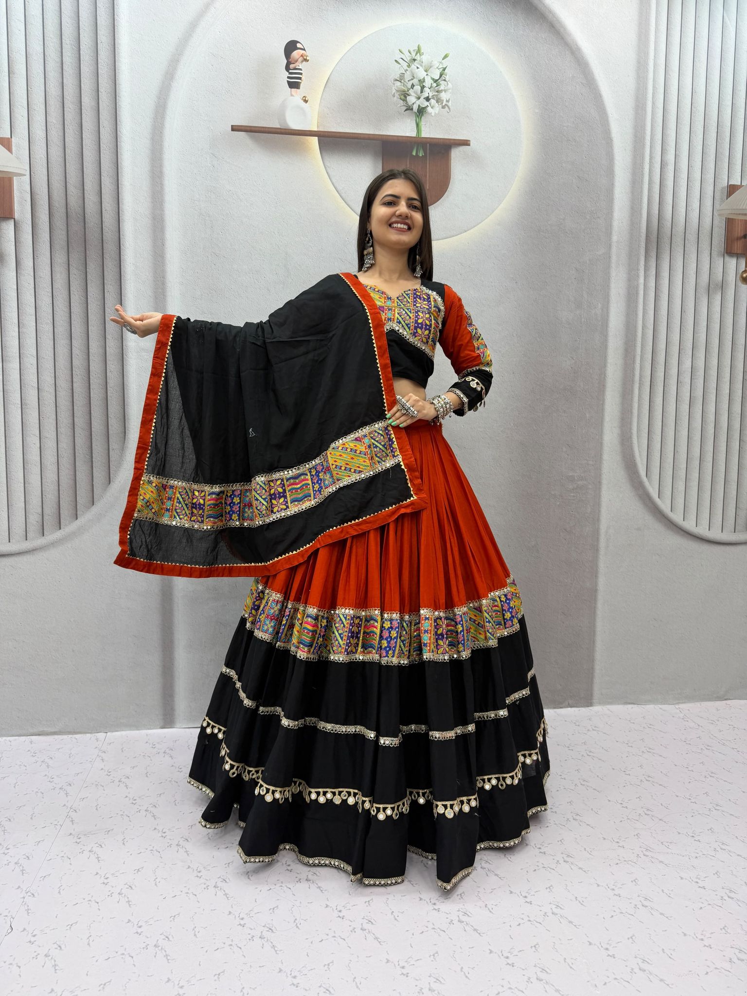Women's Traditional Pure Cotton Navratri Lehenga Choli Set | Black and Rust Orange Garba Dress with Gamthi Embroidery and Mirror Work