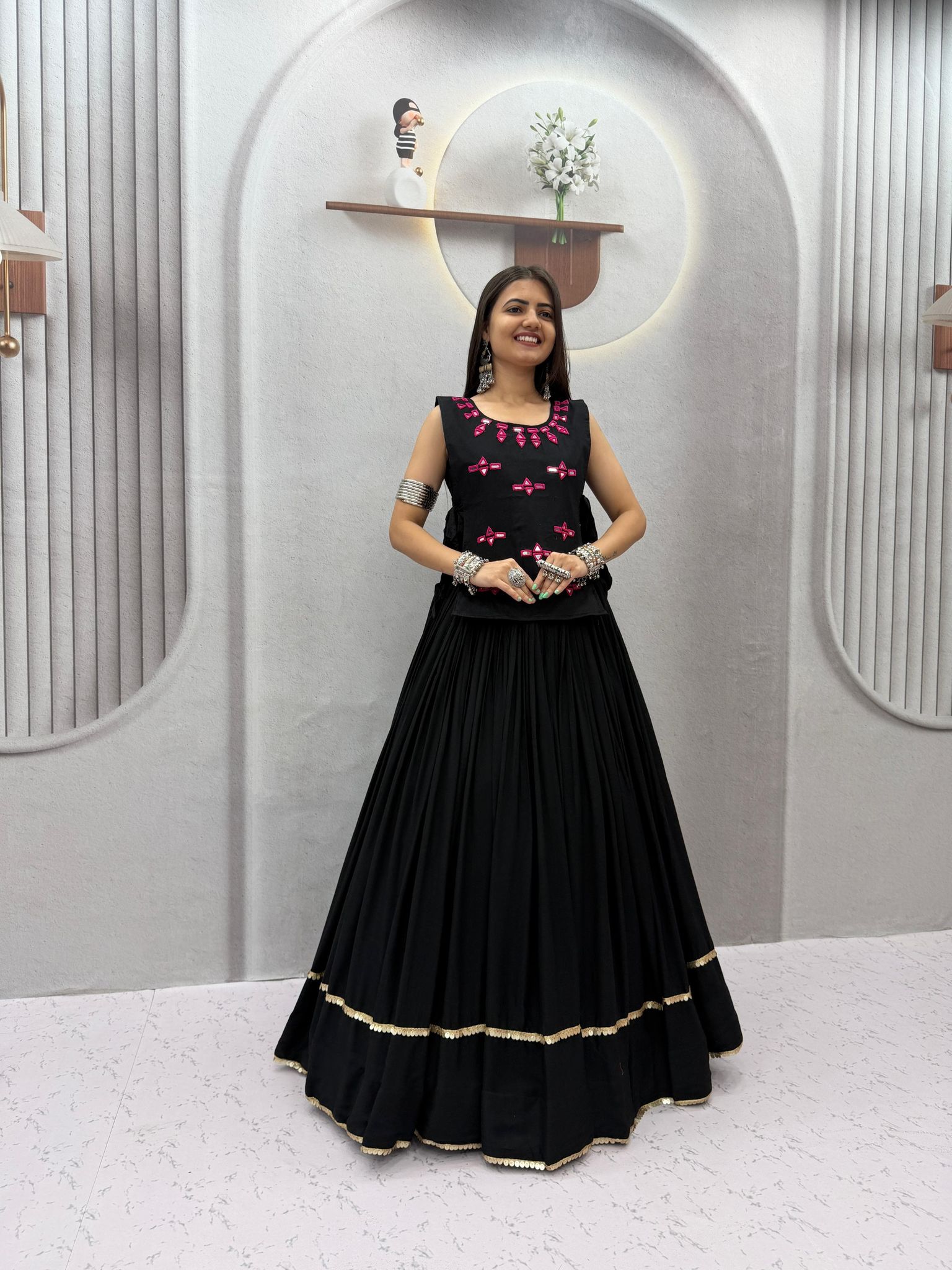 Women's Black Rayon Cotton Flared Lehenga Choli with Embroidered Jacket Set