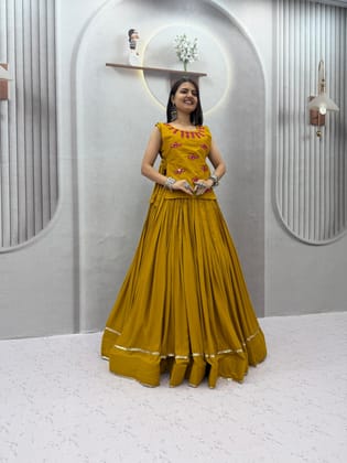 Yellow Rayon Cotton Flared Lehenga Choli with Embroidered Jacket Set