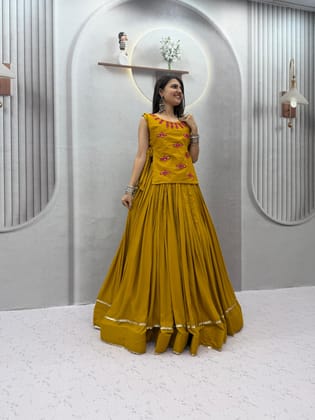 Yellow Rayon Cotton Flared Lehenga Choli with Embroidered Jacket Set