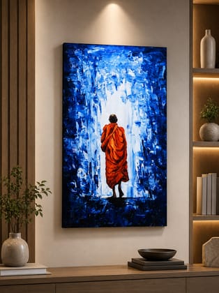 Walking Monk in Saffron Robe Abstract Impasto Framed Canvas Wall Art