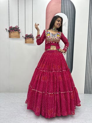 Women's Rani Pink Georgette Bandhani Print Lehenga Choli Set with Kutch Patchwork Blouse & Heavy Flair – Traditional Festive & Navratri Garba Ethnic Wear