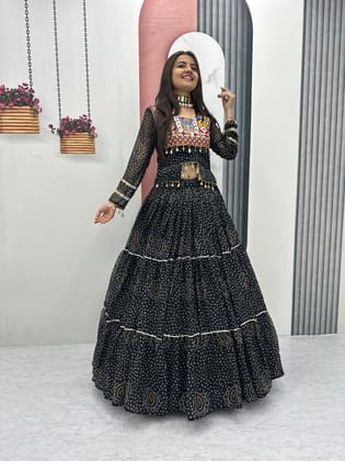 Black Bandhani Printed Georgette Lehenga Choli Set for Navratri | Traditional Gamthi & Codi Mirror Work Chaniya Choli for Garba | Full Flare Tiered Skirt with Embroidered Crop Blouse