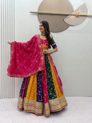 Women's Multicolor Chinon Silk Lehenga Choli Set | Heavy Thread & Sequence Embroidery Work Gujarati Style Chaniya Choli for Navratri & Garba Festivals