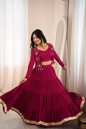 Indo-Western Magenta 3-Piece Lehenga Set | Tiered Skirt, Crop Top & Mirror Embellished Jacket