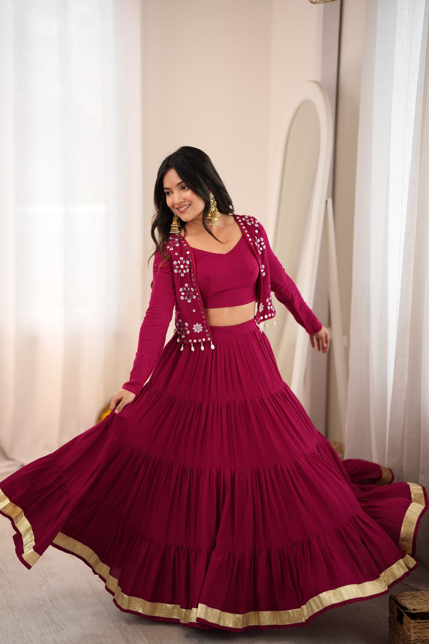 Indo-Western Magenta 3-Piece Lehenga Set | Tiered Skirt, Crop Top & Mirror Embellished Jacket