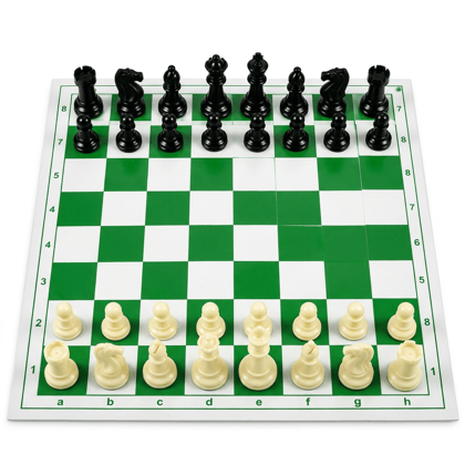FIDE Standard Vinyl Chess Set with 2 Extra Queens Standard Tournament Plastic Chess Set with Green Vinyl Board