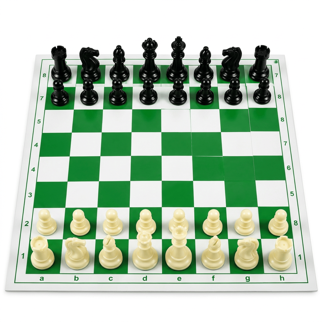 FIDE Standard Vinyl Chess Set with 2 Extra Queens Standard Tournament Plastic Chess Set with Green Vinyl Board