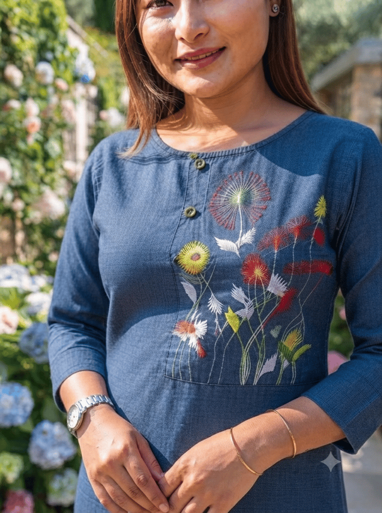 Women's Blue Denim Embroidered Straight Kurta - Kurtas & Kurta Sets | Buy online on ZillyBuy