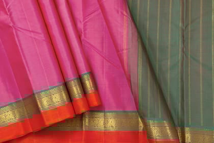 Pink And Green Kanchipuram Silk Saree With Short Border Handwoven Pure Silk For Festive Wear PV J 547