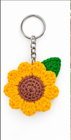 Handmade Crocheted Sunflower Keychain with Leaf