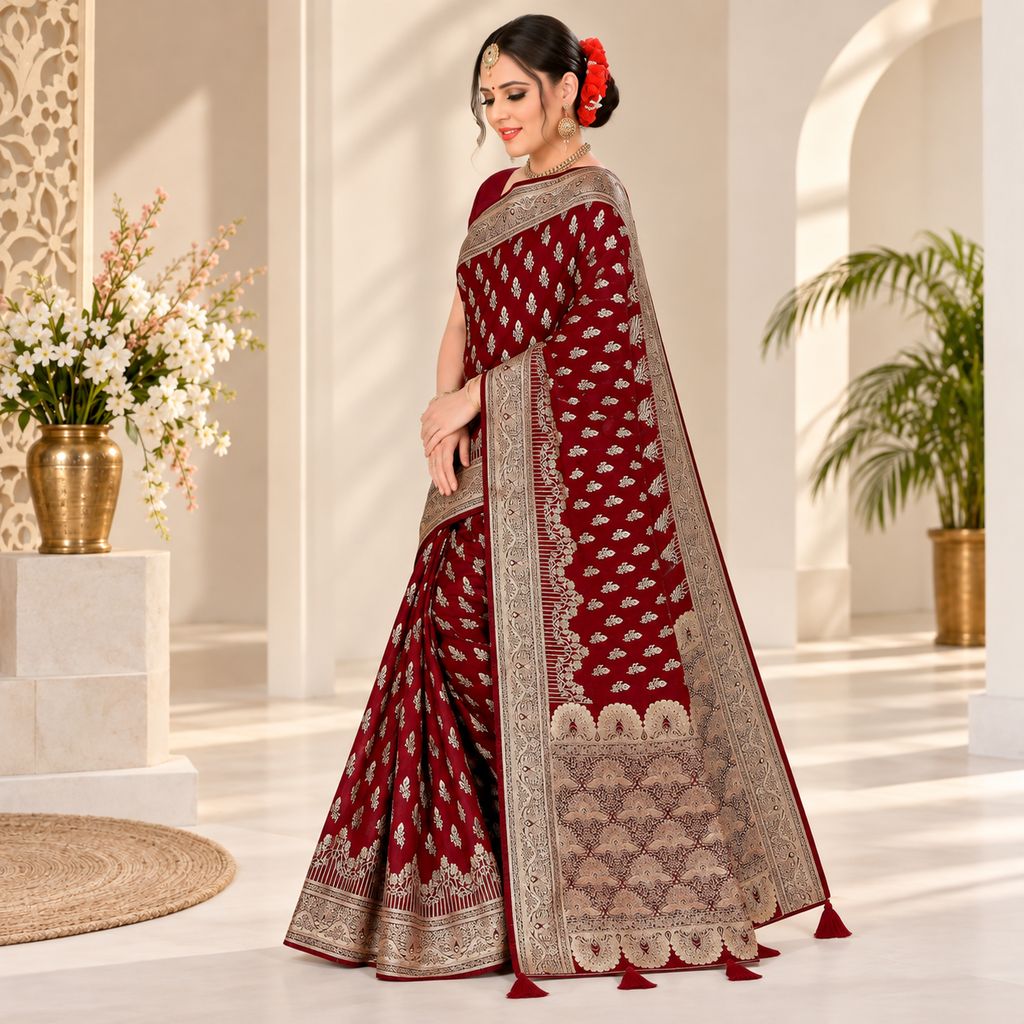 Women's Maroon Banarasi Art Silk Saree with Zari Work - Sarees | Buy online on ZillyBuy