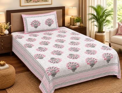 DHRUVINSRI Luxury Single Bed Hand Block Print Bedsheet with A Pillow Cover-1 Set