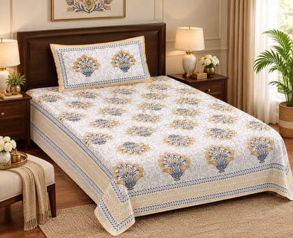 DHRUVINSRI Luxury Single Bed Hand Block Print Bedsheet with A Pillow Cover-1 Set