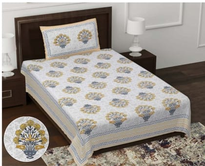 DHRUVINSRI Luxury Single Bed Hand Block Print Bedsheet with A Pillow Cover-1 Set