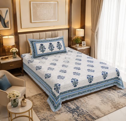 DHRUVINSRI Luxury Hand Block Print Pure Cotton 1 Single Bedsheet with 1 Pillow Cover 60*90 inches, 250GSM,144TC-1 Set DHRUVINSRI Luxury Hand Block Print Pure Cotton 1 Single Bedsheet with 1 Pillow Cover 60*90 inches, 250GSM,144TC-1 Set